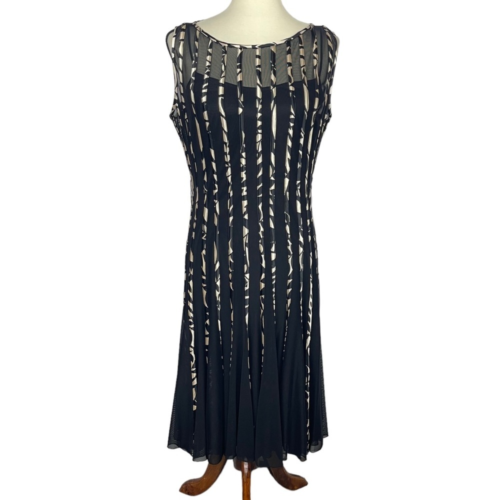 XScape by Joanna Chen Dress Womens 12 Black Cream Vertical Stripes Mesh Overlay